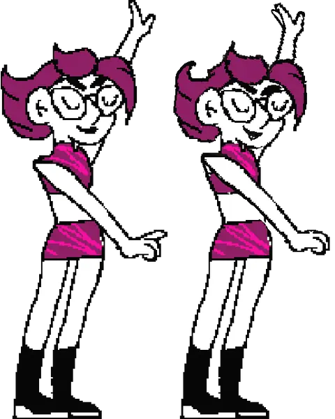 Juana Ruda in pixel art, one arm raised